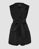 Notched Collar Sleeveless Tied Detail Button Romper