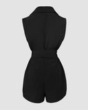 Notched Collar Sleeveless Tied Detail Button Romper