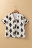 Black Geometric Print Short Sleeve V Neck Blouse