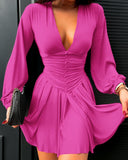 Plunge Neck Ruched A Line Flowy Dress Long Sleeve Casual Dress