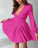 Plunge Neck Ruched A Line Flowy Dress Long Sleeve Casual Dress