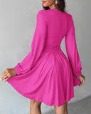 Plunge Neck Ruched A Line Flowy Dress Long Sleeve Casual Dress