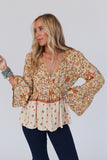 Yellow Printed Floral Bell Sleeve V Neck Wrapped Contrast Peplum Blouse