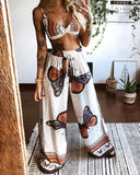 Butterfly Print Twisted Crop Top & Wide Leg Pants Set