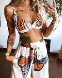 Butterfly Print Twisted Crop Top & Wide Leg Pants Set