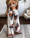 Butterfly Print Twisted Crop Top & Wide Leg Pants Set