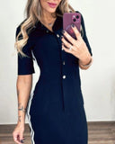 Contrast Paneled V Neck Long Sleeve Button Front Shirt Dress Casual Pocket Design Slit Midi Dress