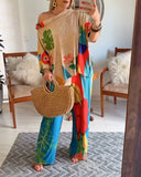 2 Pieces Outfit Plants Print Cold Shoulder Batwing Sleeve Top and Casual Wide Leg Pants Set