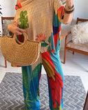 2 Pieces Outfit Tribal Print Cold Shoulder Batwing Sleeve Top and Casual Wide Leg Pants Set