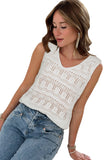 White V Neck Textured Hollow-out Sweater Vest