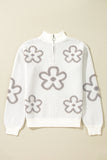 White Contrast Flower Half Zipper Stand Neck Sweater