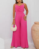 Pleated V Neck Spaghetti Strap Waist Jumpsuit Casual Wide Leg Flared Romper