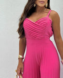 Pleated V Neck Spaghetti Strap Waist Jumpsuit Casual Wide Leg Flared Romper