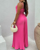 Pleated V Neck Spaghetti Strap Waist Jumpsuit Casual Wide Leg Flared Romper