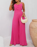 Pleated V Neck Spaghetti Strap Waist Jumpsuit Casual Wide Leg Flared Romper