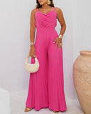 Pleated V Neck Spaghetti Strap Waist Jumpsuit Casual Wide Leg Flared Romper