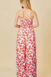 Pink Floral Print Twisted Bandeau Keyhole Pleated Wide Leg Jumpsuit