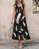 Feather Pattern Square Neck Thick Strap Shirred Ruffles Hem A Line Dress Vacation Dress
