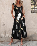 Feather Pattern Square Neck Thick Strap Shirred Ruffles Hem A Line Dress Vacation Dress