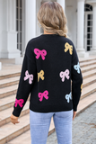 Black Valentine Bow Print Crew Neck Drop Shoulder Sweater