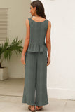 Duffel Green Solid Color Ribbed Ruffle Tank Top and Pants Set