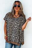 Khaki Leopard Contrast Trim Short Sleeve Loose Plus Size Top