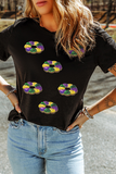 Black Sequined Mardi Gras Pattern Crew Neck Short Sleeve Top