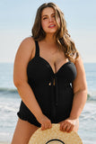 Black Plus Size Textured Knotted Ruffled Trim One Piece Swimwear