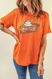 Orange Pumpkin Pie Graphic Cuffed Sleeve Crew Neck Tee