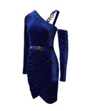 Velvet One Shoulder Chain Decor Ruched Bodycon Dress