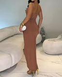 Sexy Square Neck Thick Strap Backless Slit Dress