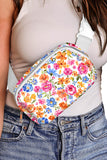 White Flower Print Buckle Wide Strap Crossbody Bag