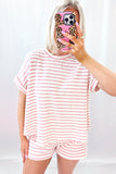 Pink Stripe Knitted Short Sleeve Top and Drawstring Shorts Set