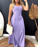 Plain Back Tied Detail Slit Maxi Dress Casual Hollow out Shirred Vacation Dress