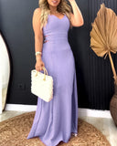 Plain Back Tied Detail Slit Maxi Dress Casual Hollow out Shirred Vacation Dress