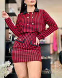 2PCS Houndstooth Print Slip Bodycon Dress & Button Decor Crop Coat