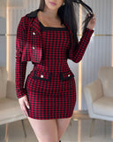 2PCS Houndstooth Print Slip Bodycon Dress & Button Decor Crop Coat