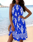 Tribal Print Halter Backless Ruffles Hem Shirred Mini Dress Vacation Dress