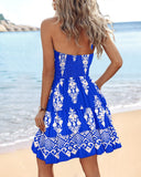 Tribal Print Halter Backless Ruffles Hem Shirred Mini Dress Vacation Dress