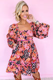 Pink Bohemian Square Neck Puff Sleeve Mini Dress