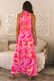 Rose Abstract Printed High Neck Knotted Nape Sleeveless Maxi Dress