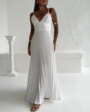 V Neck Sleeveless Pleated Dress Elegant Flowy A Line Maxi Dress