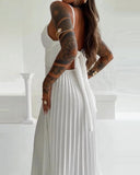 V Neck Sleeveless Pleated Dress Elegant Flowy A Line Maxi Dress