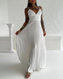 V Neck Sleeveless Pleated Dress Elegant Flowy A Line Maxi Dress