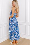 Blue Floral Printed Spaghetti Strap Maxi Dress with Waist Tie