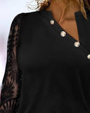 Contrast Lace Asymmetrical Neck Long Sleeve Blouse Button Design Casual Top