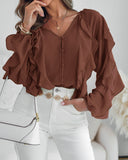 V Neck Shoulder Asymmetrical Ruffles Blouse Casual Button Front Long Sleeve Top