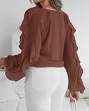V Neck Shoulder Asymmetrical Ruffles Blouse Casual Button Front Long Sleeve Top