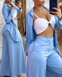 Buttoned Asymmetrical Hem Shirt & Pocket Design Wide Leg Pants Set