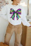 White Mardi Gras Bow Graphic Drop Shoulder Sweatshirt